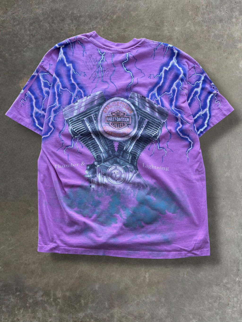 '90s Pink Harley Davidson Lightning Engine AOP Tee Sz. XL