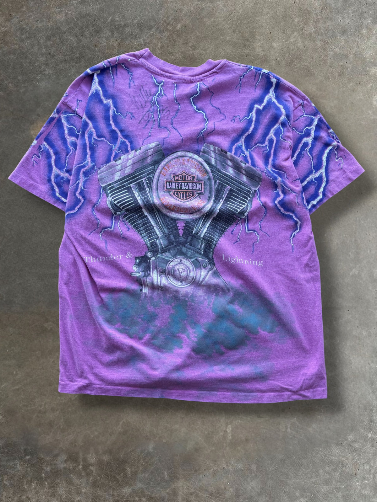 '90s Pink Harley Davidson Lightning Engine AOP Tee Sz. XL