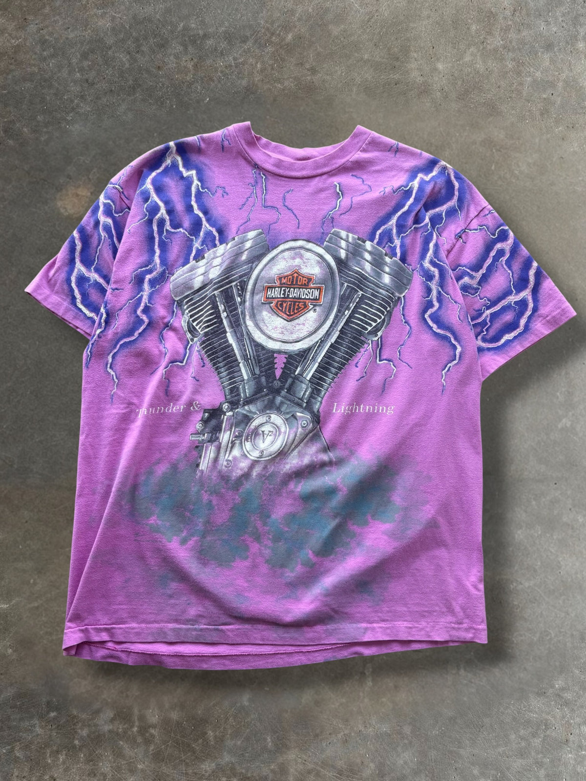 '90s Pink Harley Davidson Lightning Engine AOP Tee Sz. XL