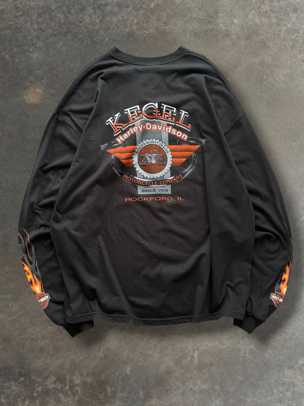 '02 Flaming Shield Rockford Harley Davidson Long Sleeve Sz. XXXL