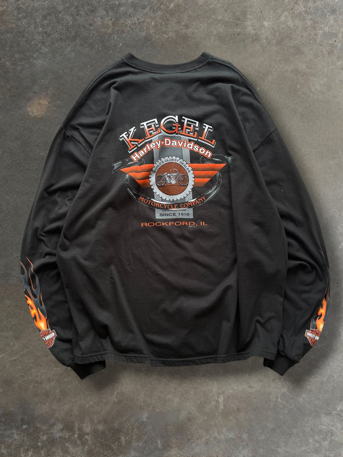 '02 Flaming Shield Rockford Harley Davidson Long Sleeve Sz. XXXL