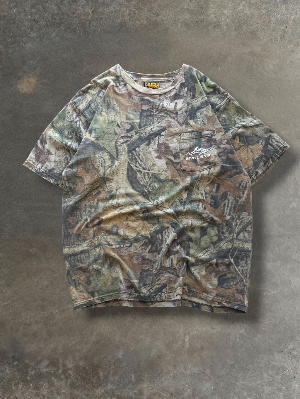 '90s Smileys Real Tree Camo "Vintage Print Over" Tee Sz. XL