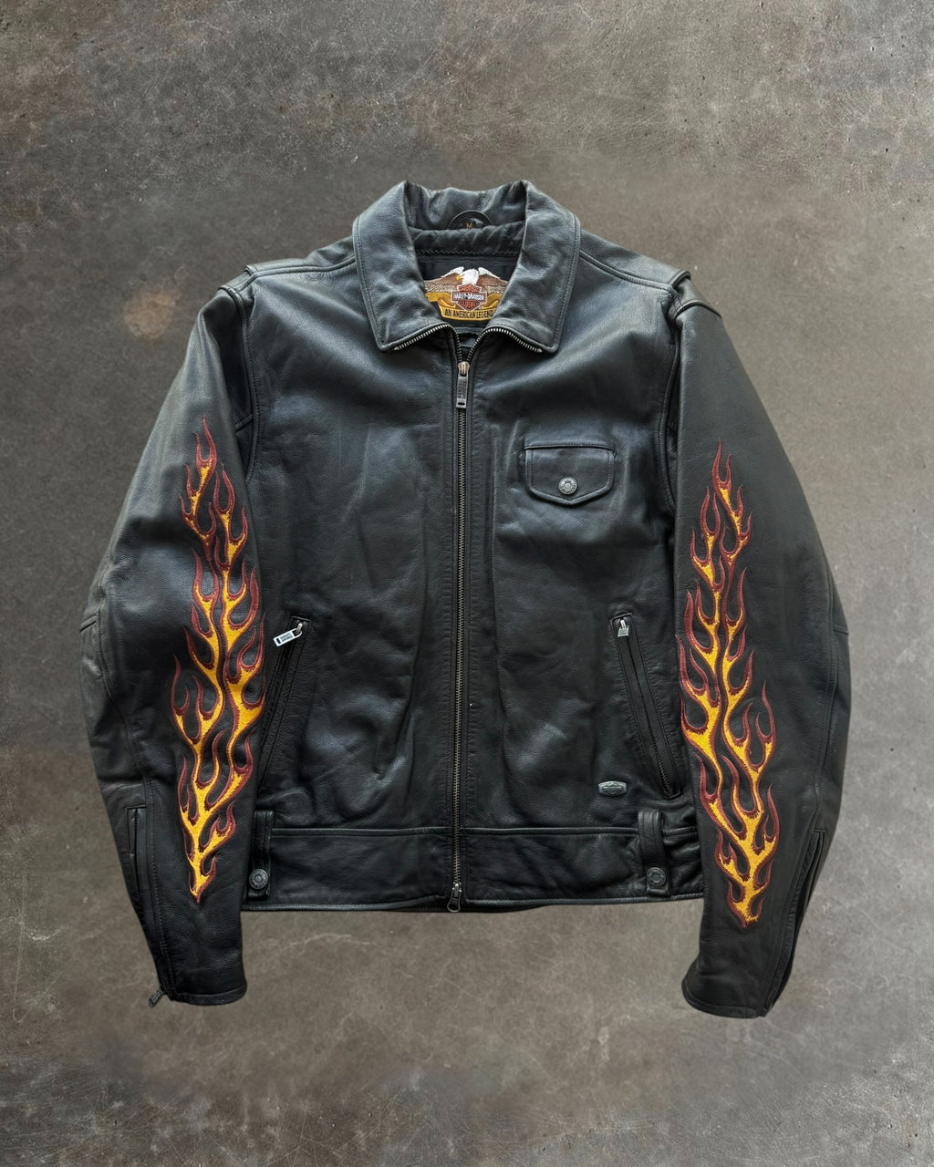 '90s Harley Davidson Ride Free Flame Leather Biker Jacket Sz. M
